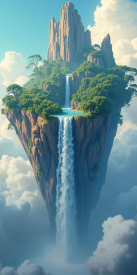 The image of a waterfall above the clouds was created by AI Technology