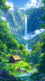 Green views of waterfalls and houses created using AI technology