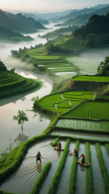 Panorama of rice fields planting rice on the edge of the mountains